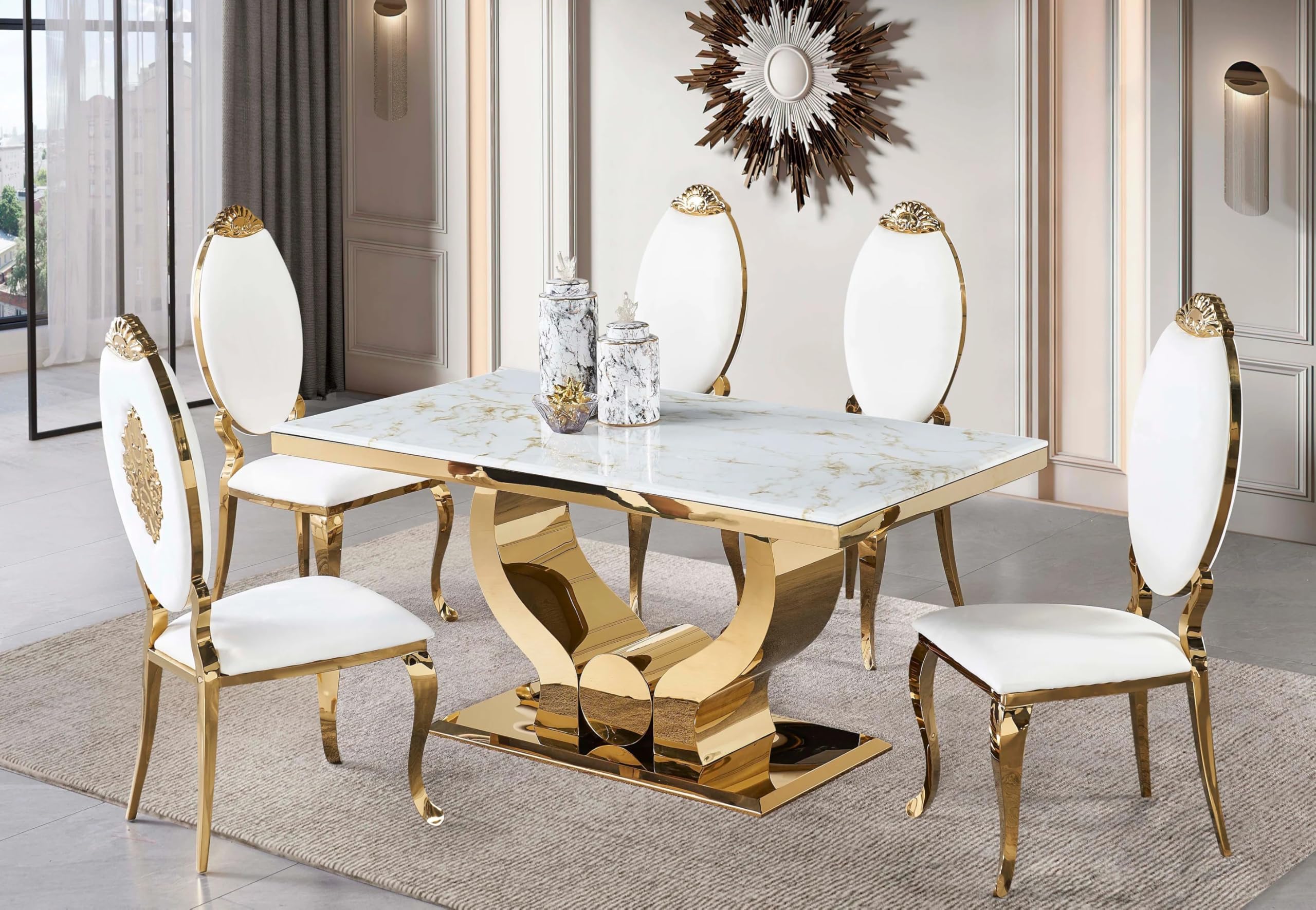 First of a Kind Kini 6 Piece Dining Table Set for 5 - Modern Dinner Table with White Velvet Upholstery Chairs & Curved Stainless Steel Base - Gold Dining Room Table for Luxury Charm