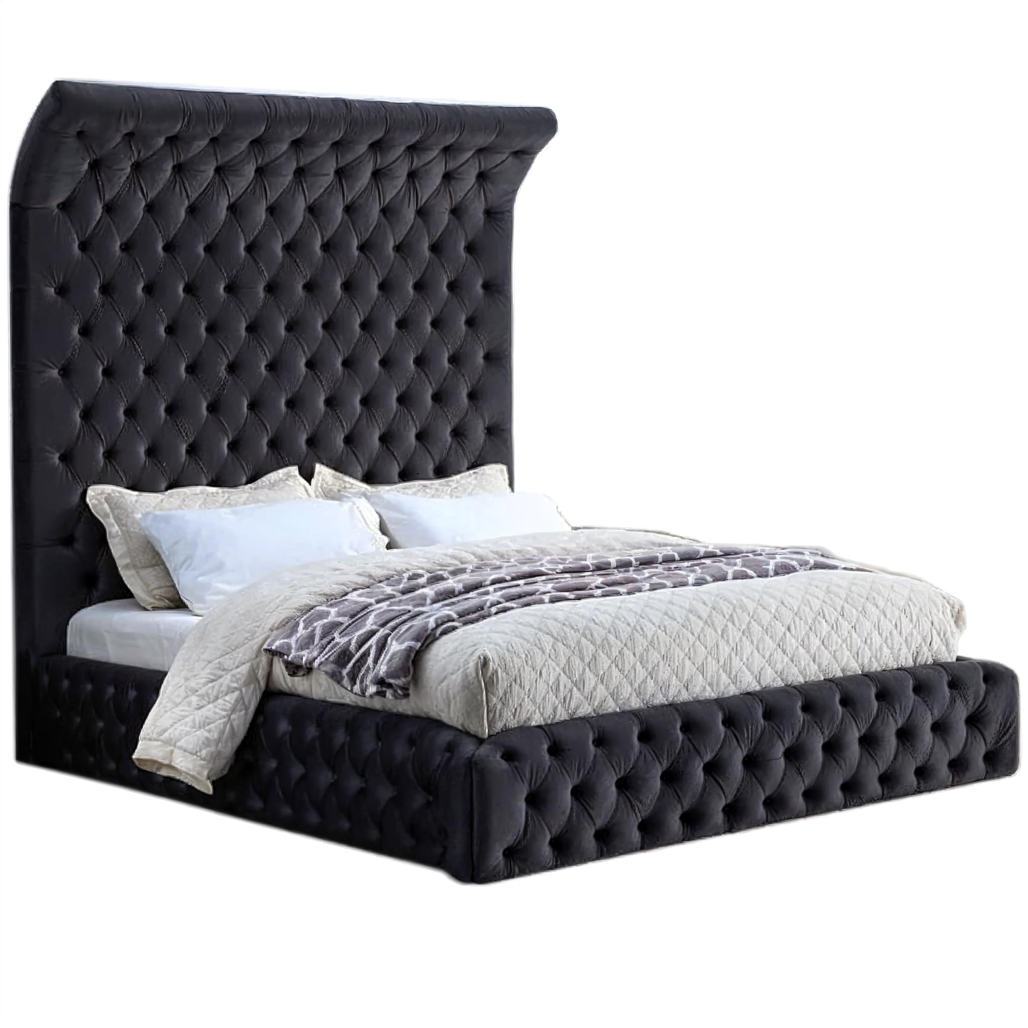 First of a Kind Yafa Velvet Queen Bed - Luxurious Upholstered Platform Tall Headboard with Deep Button Tufted - Modern High Headboard Low-Profile Design, Black